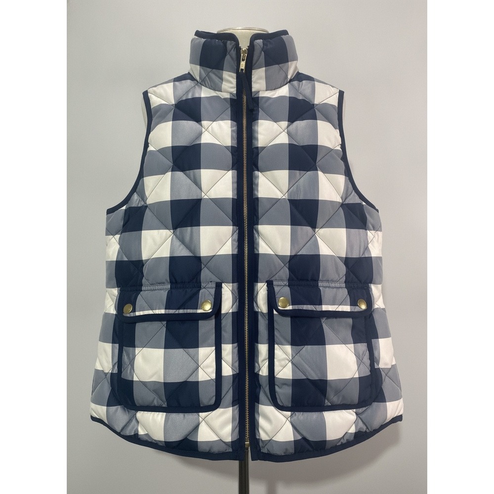 J.Crew Mens Excursion Quilted Down Vest Navy Blue White Buffalo Check Small